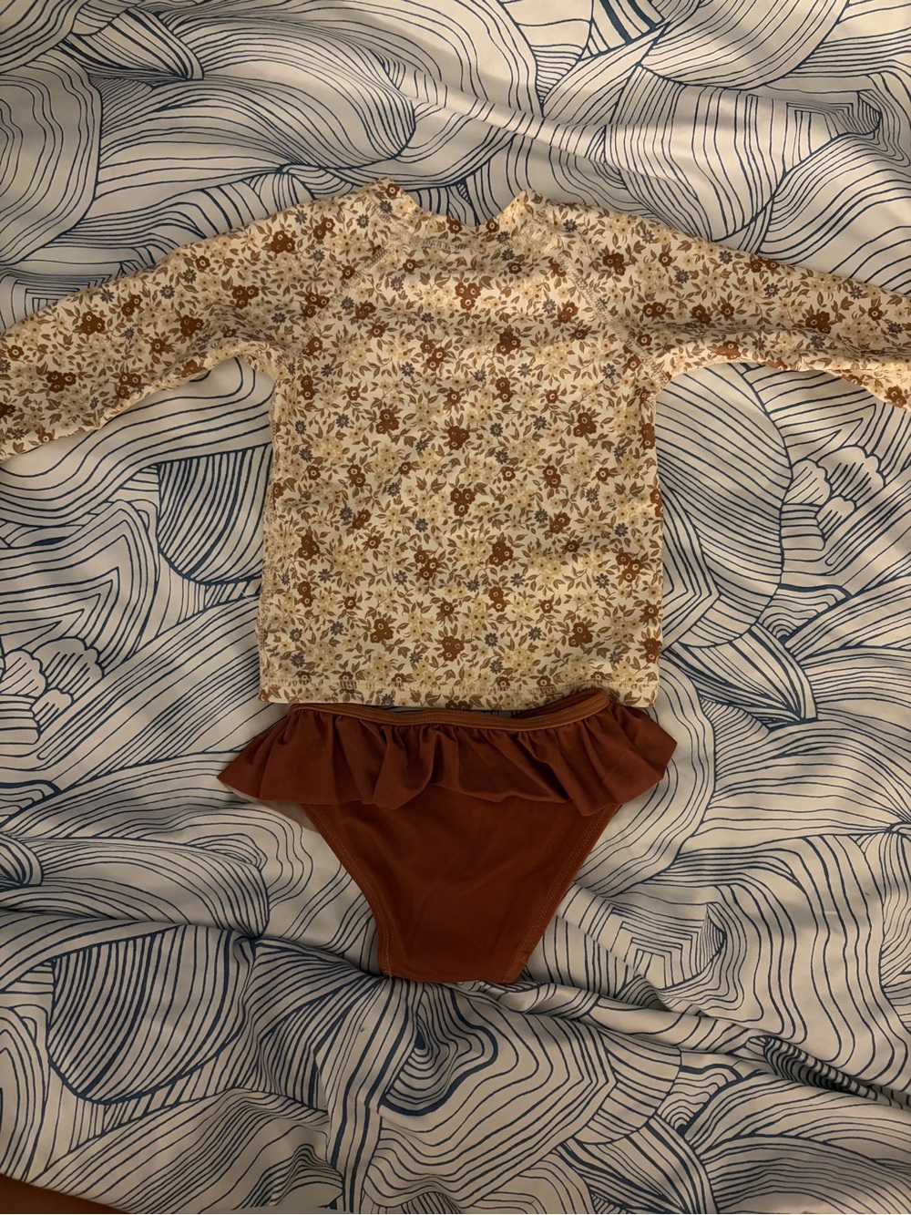 Rylee + Cru Brown Floral Long-Sleeve Rashguard with Rust Ruffle Bottom